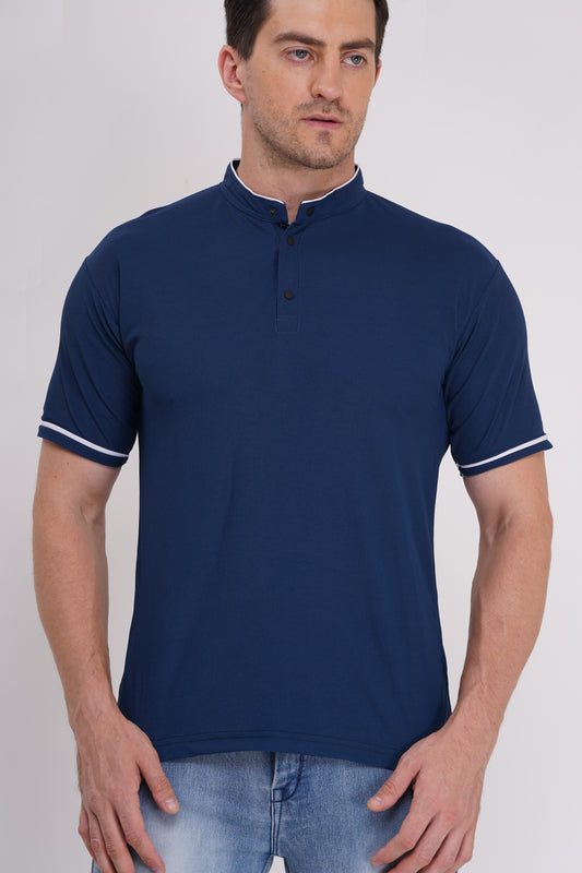 Mandarian Collar Polo T-Shirt – Blue