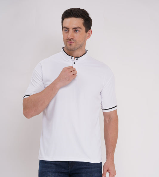 Mandarian Collar Polo T-Shirt – White
